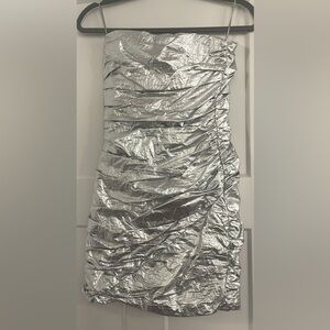 Zara Metallic Silver Ruched Mini Dress